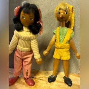 Vintage 1950’s Poland Wooden Jointed Elf Pinocchio & Girl Wooden Toy Doll Set